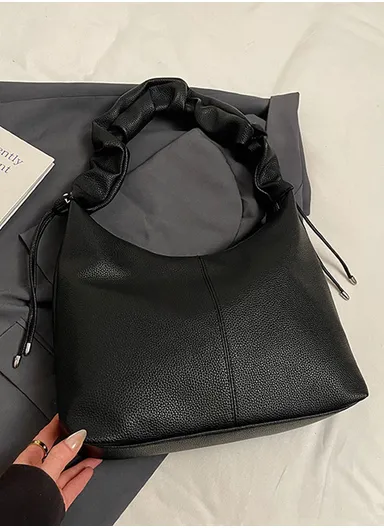 Textured PU Leather Slouchy Shoulder Bag with Ruched Strap 8812 - Black