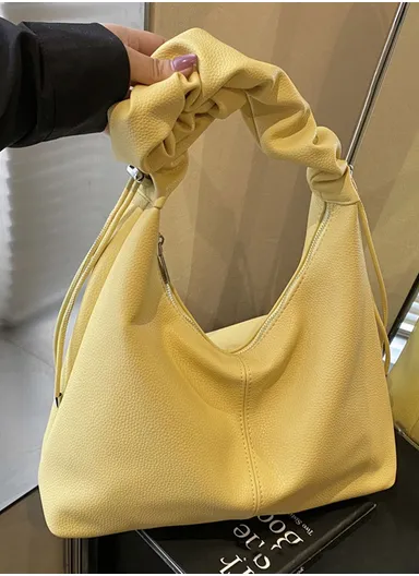 Textured PU Leather Slouchy Shoulder Bag with Ruched Strap 8812 - Yellow