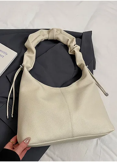 Textured PU Leather Slouchy Shoulder Bag with Ruched Strap 8812 - Beige