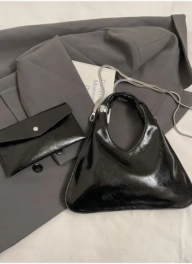 Shiny Triangular Hobo Handbag with Chain Strap &amp; Matching Envelope Purse 1129 - Black