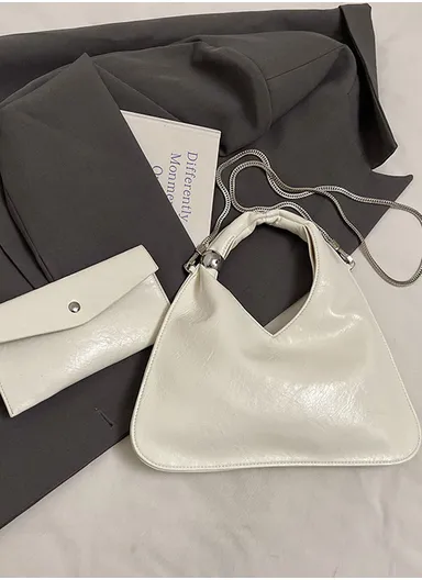 Shiny Triangular Hobo Handbag with Chain Strap &amp; Matching Envelope Purse 1129 - White