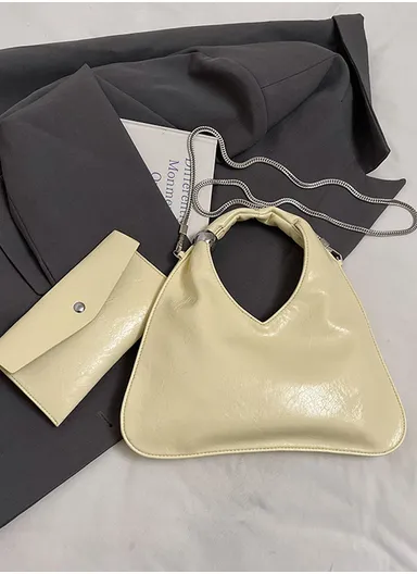 Shiny Triangular Hobo Handbag with Chain Strap &amp; Matching Envelope Purse 1129 - Yellow