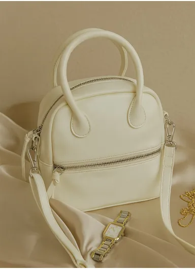 Modern Faux Leather Square Satchel Handbag with Dual Top Handles &amp; Long Shoulder Strap 2093 - White