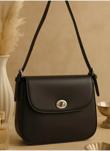 Modern Faux Leather Shoulder Baguette with Secure Flap &amp; Polished Latch Hardware 3133 - Black