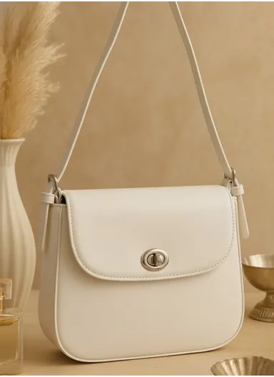 Modern Faux Leather Shoulder Baguette with Secure Flap &amp; Polished Latch Hardware 3133 - White