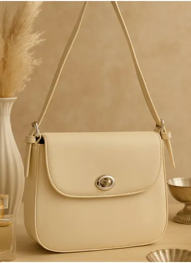 Modern Faux Leather Shoulder Baguette with Secure Flap &amp; Polished Latch Hardware 3133 - Beige