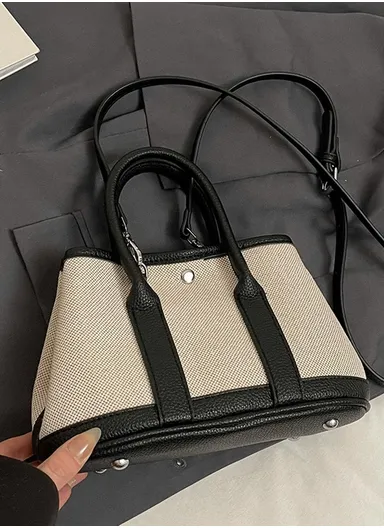 Two-Tone Canvas &amp; Faux Leather Mini Tote Handbag with Crossbody Strap - Black