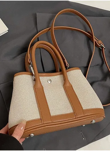 Two-Tone Canvas &amp; Faux Leather Mini Tote Handbag with Crossbody Strap - Brown