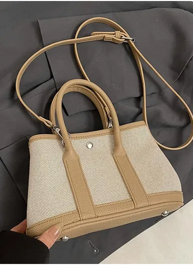 Two-Tone Canvas &amp; Faux Leather Mini Tote Handbag with Crossbody Strap - Beige