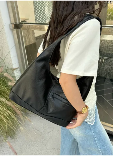 Soft Faux Leather Large Hobo Bag with Magnetic Closure 1338 - Black