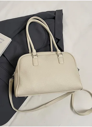 PU Leather Structured Domed Satchel Handbag with Adjustable Shoulder Strap 8809 - White