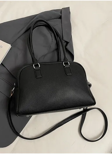 PU Leather Structured Domed Satchel Handbag with Adjustable Shoulder Strap 8809 - Black