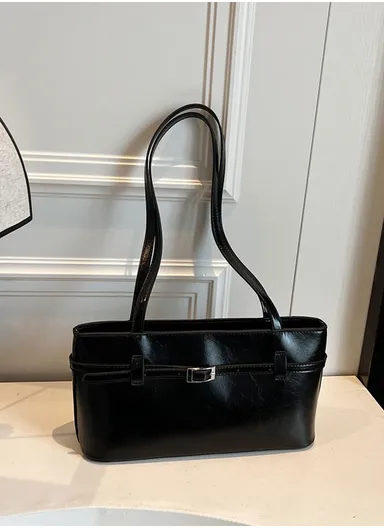 Vintage Patent PU Shoulder Bag, Structured Silhouette &amp; Decorative Front Straps with Metal Fastening 0423 - Black