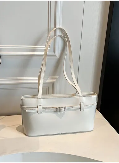 Vintage Patent PU Shoulder Bag, Structured Silhouette &amp; Decorative Front Straps with Metal Fastening 0423 - White