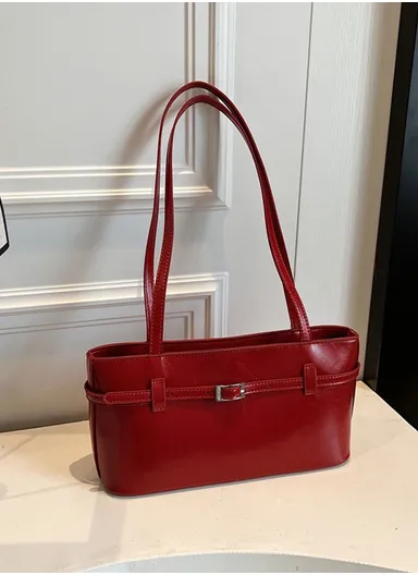 Vintage Patent PU Shoulder Bag, Structured Silhouette &amp; Decorative Front Straps with Metal Fastening 0423 - Bordeaux