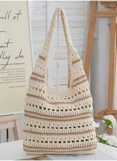 Two-Tone Crochet Striped Shoulder Bag, Chic Beige Polyester Beach Tote 2072 - Brown 