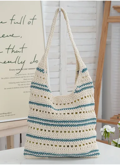 Two-Tone Crochet Striped Shoulder Bag, Chic Beige Polyester Beach Tote 2072 - Blue