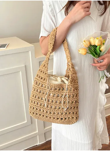 Synthetic Woven Grid Crochet-Style Tote Bag with Inner Drawstring Pouch 618 - Beige