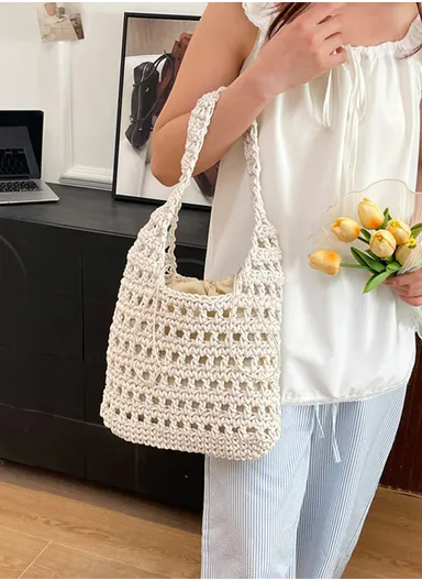 Synthetic Woven Grid Crochet-Style Tote Bag with Inner Drawstring Pouch 618 - White