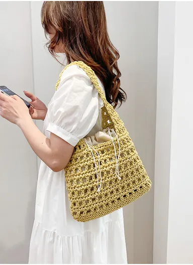 Synthetic Woven Grid Crochet-Style Tote Bag with Inner Drawstring Pouch 618 - Yellow