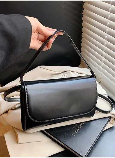 Smooth PU Leather Minimalist Flap Shoulder Bag 8820 - Black