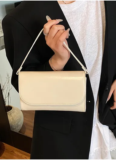 Smooth PU Leather Minimalist Flap Shoulder Bag 8820 - White