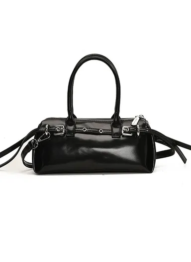 Y2K Style Glossy PU Shoulder Bag, Compact Barrel Shape with Crossbody Strap 5553 - Black