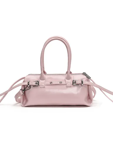 Y2K Style Glossy PU Shoulder Bag, Compact Barrel Shape with Crossbody Strap 5553 - Pink