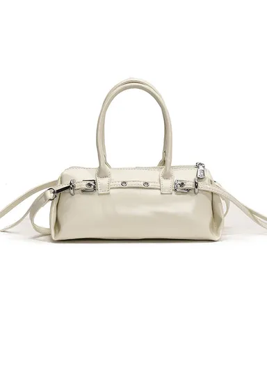 Y2K Style Glossy PU Shoulder Bag, Compact Barrel Shape with Crossbody Strap 5553 - White