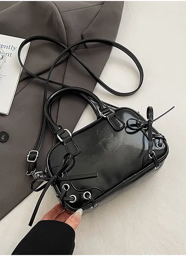 Mini Patent PU Leather Handbag with Bow Detail &amp; Crossbody Strap 3315 - Black