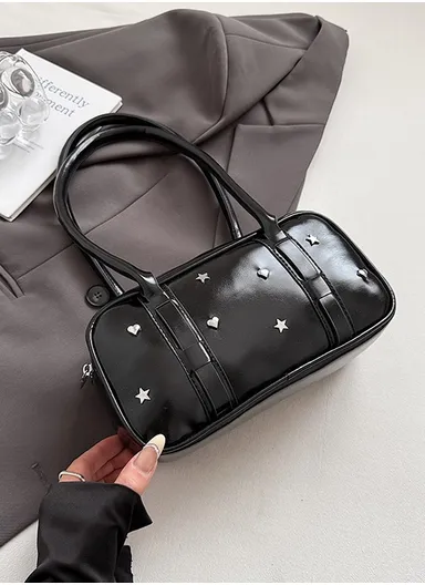 Y2K Style Patent PU Leather Shoulder Bag with Star &amp; Heart Studs 3316 - Black 