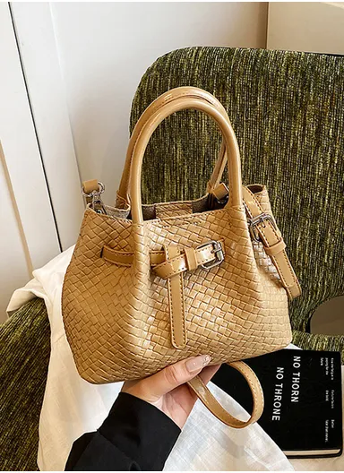 Woven Textured Mini Handbag with Buckle Detail &amp; Inner Pouch - Khaki