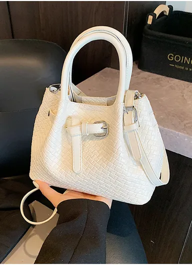 Woven Textured Mini Handbag with Buckle Detail &amp; Inner Pouch - White