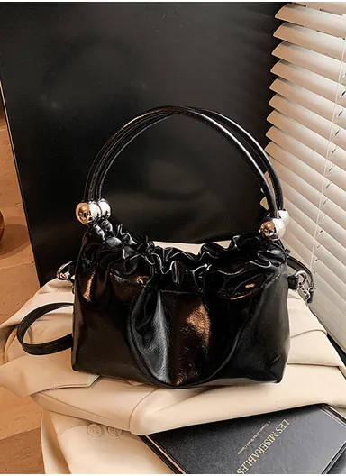 Playful Ruched Top Mini Handbag with Ball Embellishments &amp; Shoulder Strap - Black