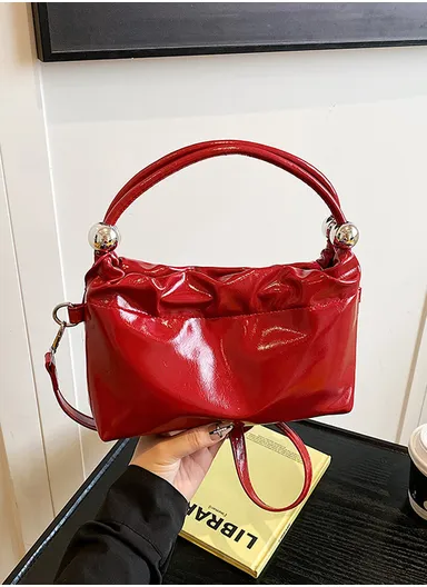 Playful Ruched Top Mini Handbag with Ball Embellishments &amp; Shoulder Strap - Bordeaux