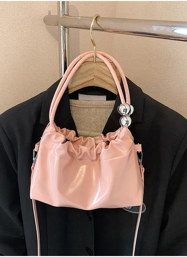 Playful Ruched Top Mini Handbag with Ball Embellishments &amp; Shoulder Strap - Pink