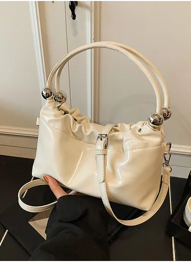 Playful Ruched Top Mini Handbag with Ball Embellishments &amp; Shoulder Strap - White
