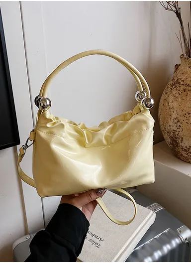 Playful Ruched Top Mini Handbag with Ball Embellishments &amp; Shoulder Strap - Yellow