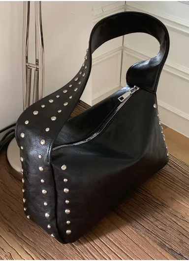 Fashionable PU Leather Handbag Durable, Convenient for Daily Essentials &amp; Casual Outings With Studs Design - Black