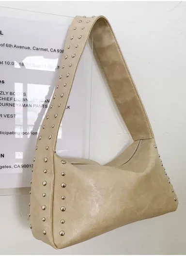 Fashionable PU Leather Handbag Durable, Convenient for Daily Essentials &amp; Casual Outings With Studs Design - Beige 