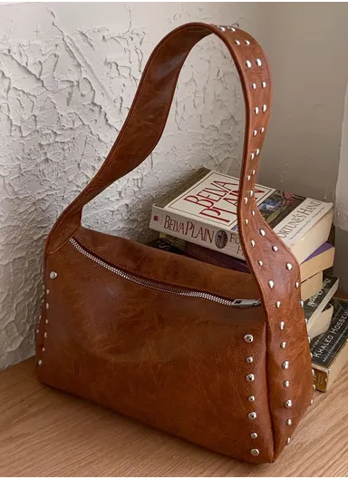 Fashionable PU Leather Handbag Durable, Convenient for Daily Essentials &amp; Casual Outings With Studs Design - Brown