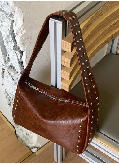 Fashionable PU Leather Handbag Durable, Convenient for Daily Essentials &amp; Casual Outings With Studs Design - Camel