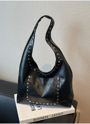 Fashionable PU Leather Handbag Durable, Convenient for Daily Essentials &amp; Casual Outings With Studs Design - Black