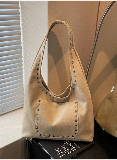 Fashionable PU Leather Handbag Durable, Convenient for Daily Essentials &amp; Casual Outings With Studs Design - Beige