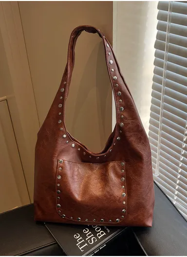 Fashionable PU Leather Handbag Durable, Convenient for Daily Essentials &amp; Casual Outings With Studs Design - Brown