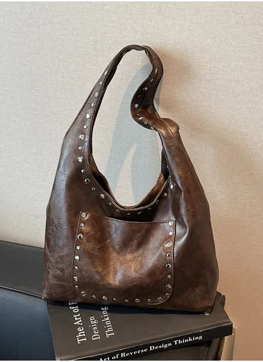 Fashionable PU Leather Handbag Durable, Convenient for Daily Essentials &amp; Casual Outings With Studs Design - Chestnut Brown