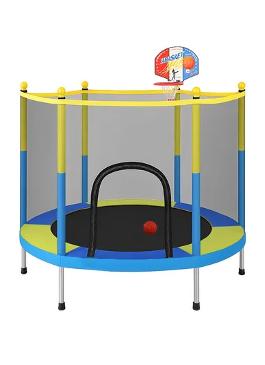 140cm Garden Trampoline 150cm Total Height 30cm Off-Floor Height 60kg Maximum Load Capacity with Backboard &amp; Safety Net-Mesh LBA55 - Blue &amp; Green