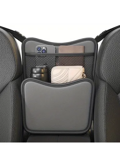 Universal Car Seat Back Organizer PU Leather Storage Bag Center Hanger Between Seats - Grey