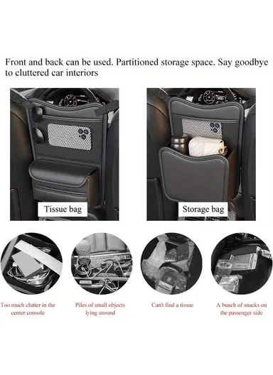 Universal Car Seat Back Organizer PU Leather Storage Bag Center Hanger Between Seats - Grey