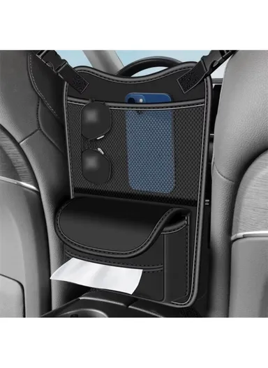 Universal Car Seat Back Organizer PU Leather Storage Bag Center Hanger Between Seats - Black